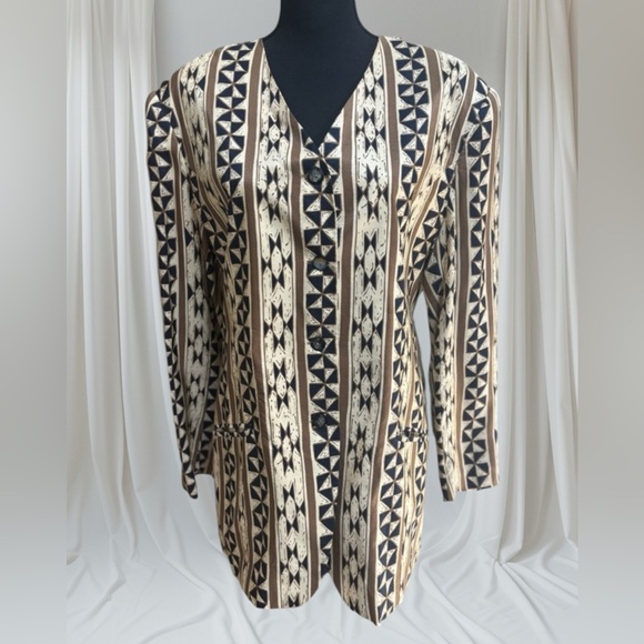 100% SILK VTG. AVATI BLACK & TAN GEOMETRIC ABSTRACT PATTERN LUXURY BLAZER SZ 14 - Picture 1 of 6